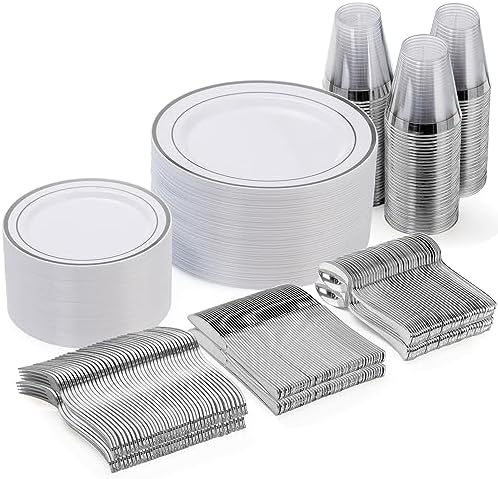 300 Pieces Silver Disposable Dinnerware Set for 50 Guests by GoodLuck