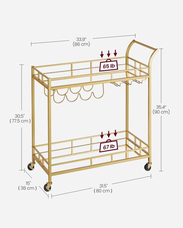 VASAGLE Bar Cart with 2 Mirrored Shelves, Wine Holders, Glass Holders - Image 6