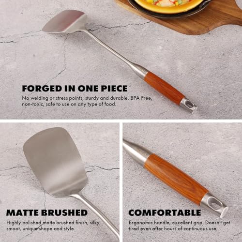 15” Metal Kitchen Utensils Set with RooseWood Handle - 18/10 Stainless Steel Cooking Utensils, 14 PCS Large & Small Spoons Set - Whisk, Masher, Fork, Spatula, Turner, Ladle, Skimmer, Pasta - Image 4