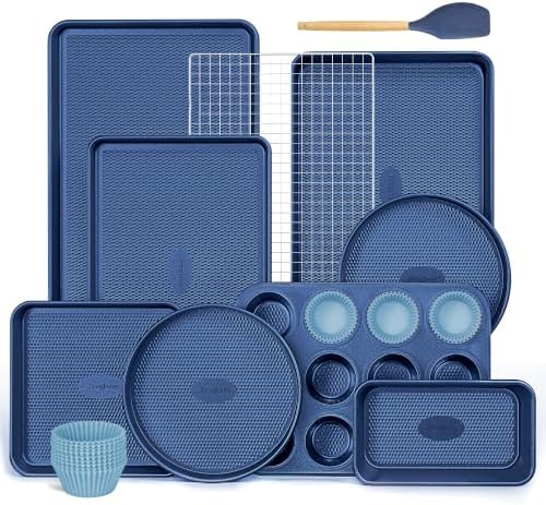 HONGBAKE 22-Piece Baking Pans Set Nonstick, Stackable Non Toxic Bakeware Sets with Diamond Texture, Oven Pan Set for Cooking, Includes Cookie Sheet with Rack, Cake Pan, Roasting Pan, Muffin Tin, Blue by HONGBAKE