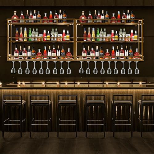 71 Inch Metal Wine Rack Wall Mounted, Bar Shelves for Liquor Bottles with LED Light, 3 Tier Large Capacity Liquor Rack Wall Mounted with Glass Holder for Home Bar & Dining Room, Gold - Image 6