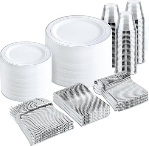 bUCLA 600pcs Silver Plastic Dinnerware Set for 100 Guests - Silver Christmas Dinnerware Set Disposable for Party - Include 100 Dinner Plates,100 Dessert Plates,100Cups,100 Knives,100 Forks,100 Spoons by BUCLA