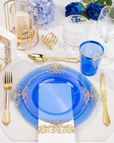 Nervure 350Pcs Blue Plastic Plates, Plastic Dinnerware Set for 50 Guests - Image 3