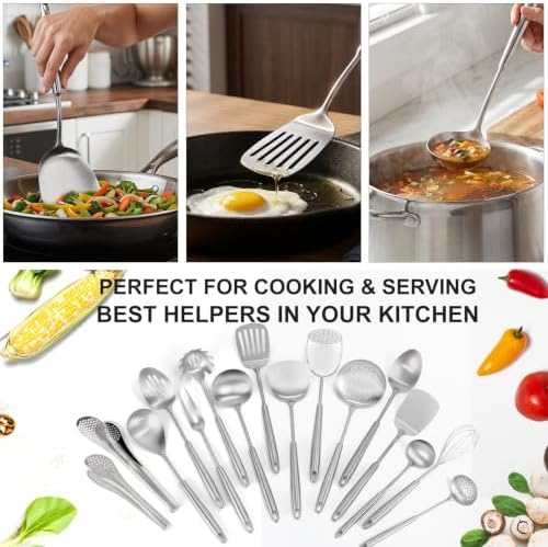 18/10 Stainlss Steel Cooking Utensils Set, 16 Pcs Long Stainless Steel Utensils Set, Metal Utensils Set with Spatula, Spoon, Ladle, Skimmer, Dishwasher Safe - Image 6