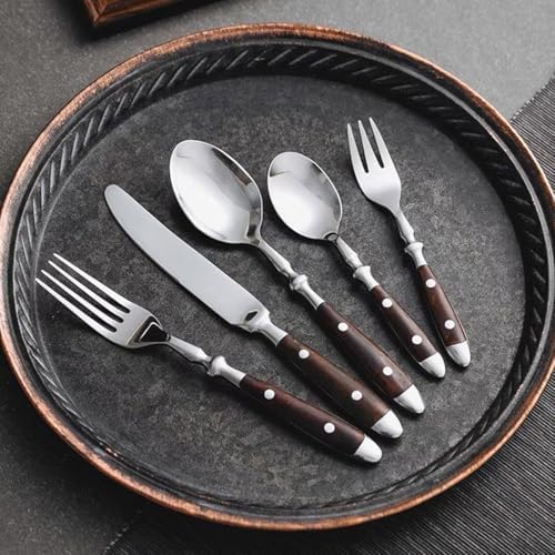 Rivet Brown Silverware Set for 12 Cutlery Set Wood Resin Handle Flatware 18/8 Stainless Steel Utensil Sets Mirror Polished Steak Tableware Spoons And Forks Set Home Hotel Restaurant 60 PCS - Image 2