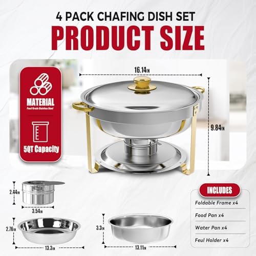 IMACONE Round Chafing Dish Buffet, 4 Pack, 5QT Gold Frame - Image 2