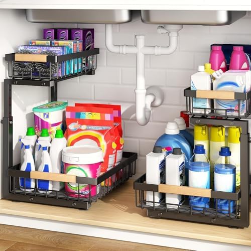 PXRACK Under Sink Organizer, Adjustable Height, 2 Tier Pull Out Under Cabinet Organizer, Slide Out Thickened Metal Under Sink Storage for Kitchen Bathroom Laundry Pantry Cabinet, Black, Large-2-Pack by PXRACK