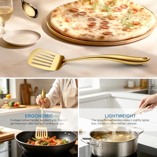 304 Gold Stainless Steel Cooking Utensils Set, 11 PCS Long Large Metal Cooking Utensil Tools Set with Fork, Spatulas, Spoons, Skimmer, Ladle, Pasta Server, Tongs - Image 4