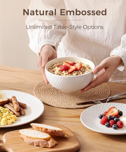 Embossed Ceramic Dinnerware Set for 4, 12-Piece White Plates and Bowls Set, Modern Farmhouse Tableware with 10" & 8" Plates, 26 oz Bowls, Microwave, Oven & Dishwasher Safe - Image 4