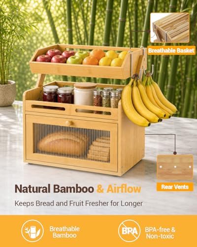 Bread Box for Kitchen Countertop, Bamboo Bread Storage with Fruit Basket - Image 5