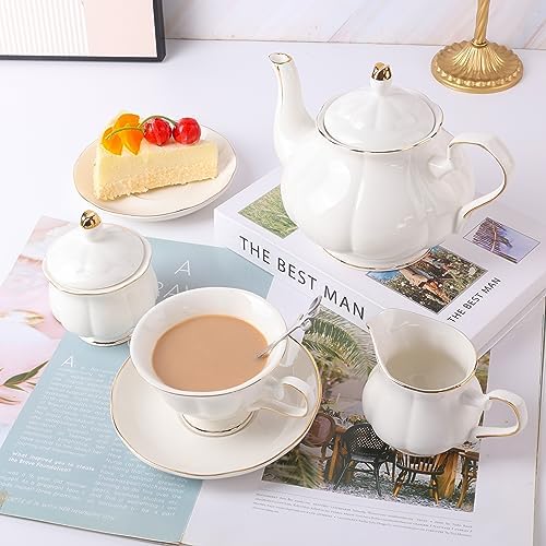 CHENP.HMC Tea Set 22-Piece Porcelain Ceramic Coffee Tea Gift Sets Cups Saucer Service for 6 Teapot Sugar Bowl Creamer Pitcher and Teaspoons (White) - Image 5