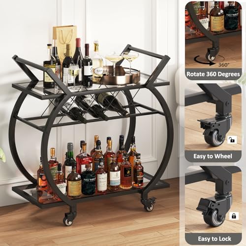 LVB Bar Cart with Glass, Black Bar Cart with Wheels, Home Bar Serving Cart - Image 4