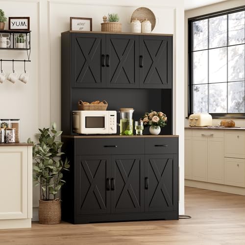 HOSTACK 71"H Kitchen Pantry Storage Cabinet, Farmhouse Hutch Cabinet, Black - Image 2