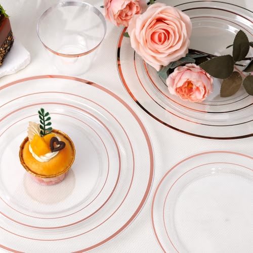 bUCLA 600PCS Clear Rose Gold Plastic Dinnerware Set Disposable - Include 100 Dinner Plates, 100 Dessert Plates, 100 Knives, 100 Forks, 100 Spoons, 100 Cups for Party & Wedding - Image 5