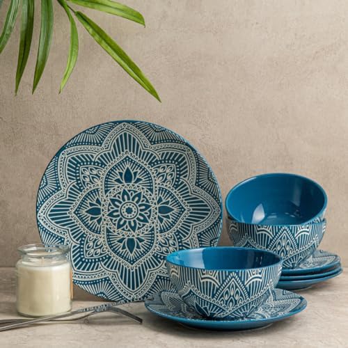 Bzyoo 12-Piece Ceramic Dinnerware Set: La La Mandala Blue Dish Set Design for Every Occasion - Microwave & Dishwasher Safe Stackable Plates Bowls by bzyoo