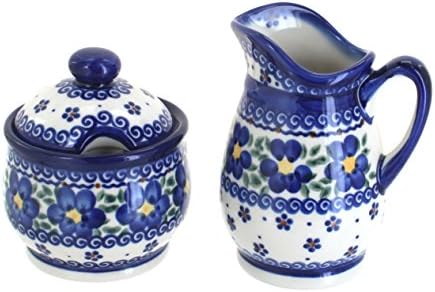 Blue Rose Polish Pottery - Blue Spring Blossom Cream & Sugar Set - 12 oz Creamer - Hand-Painted Polish Pottery Ceramic Creamer & Sugar Bowl with Lid by BlueRosePottery