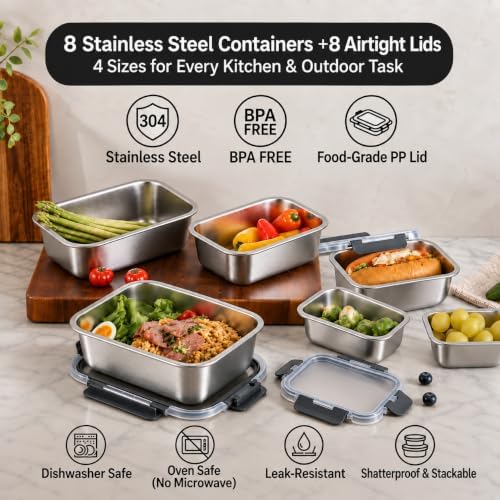 8 PCS Stainless Steel Lunch Box 4-Size Food Storage Containers with Lids - Image 2