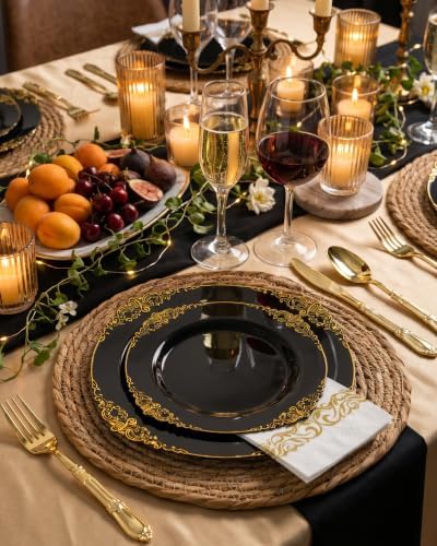 Morejoy 175PCS Black and Gold Plastic Plates Dinnerware Sets for 25 Guests - Image 4