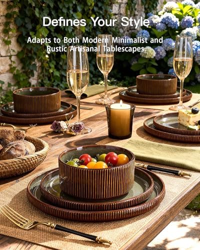 Dinnerware Set for 6, Ceramic Ribbed Plates, Bowls, Dishes - Image 2