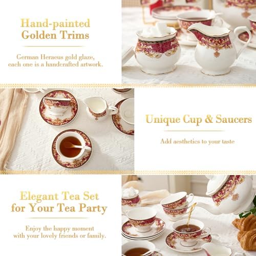 DUJUST 22 pcs Royal Vintage Porcelain Tea Set for 6, Luxury British Tea Sets for Adults with Red Patterns & Golden Trim, Beautiful Floral Tea/Coffee Cup Set, Gift Package - Royal Treat for You - Image 5