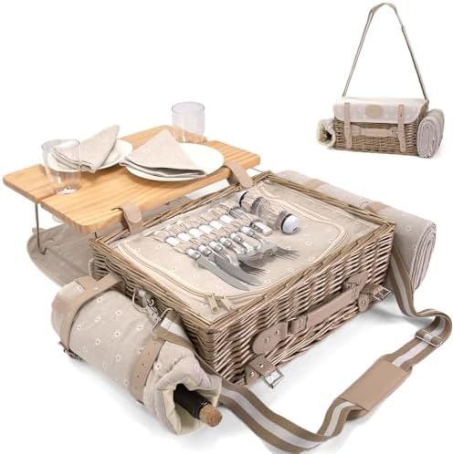 Multifunctional Wicker Picnic Basket Set for 2 with Blanket and Picnic Table, Insulated Picnic Set with Full Tablewares for Camping Outdoor Couples, Flowers by SatisInside