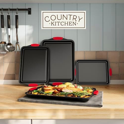 Country Kitchen Nonstick Stackable Bakeware Set - Heavy Duty, Durable, Easy Release Baking Set, Red, 4 Pcs - Image 3