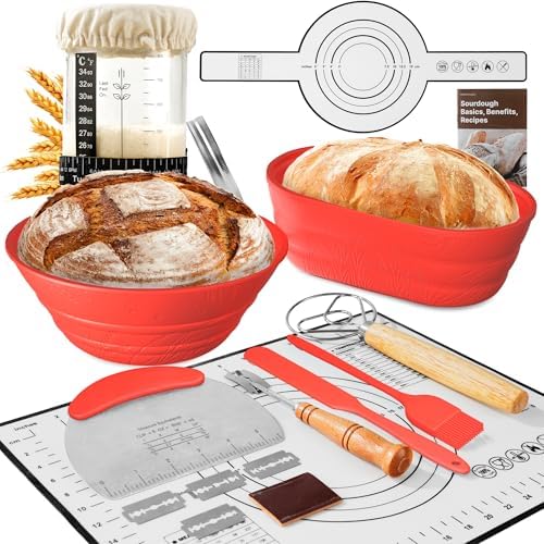 Sourdough Starter Kit with Jar – Complete Sourdough Bread Baking Supplies for Beginners, Includes 2 Silicone Proofing Baskets Baking Mat Sour Dough Kit - Red by BICRET