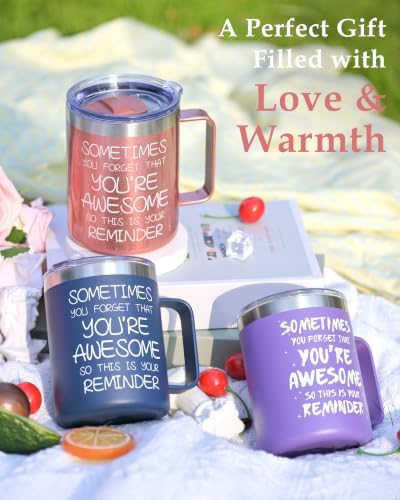 Inspirational Coffee Mug for Women, 12oz Insulated Stainless Steel Mug with Handle & 2 Lids – Sometimes You Forget You’re Awesome, Birthday & Appreciation Gift for Friend, Coworker, Purple - Image 4
