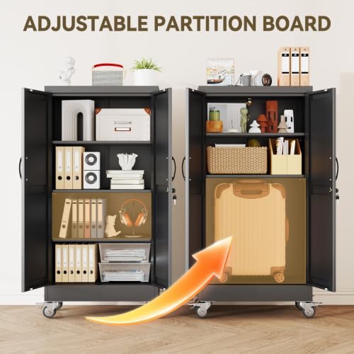 Metal Storage Cabinets with Wheels, Steel Tool Cabinets Lock Door and 3 Adjustable Shelves for Home Office, Garage, Kitchen (Black, 47.2" H) - Image 6