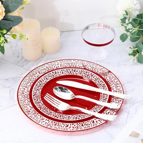 Norme 300 Pieces Disposable Plastic Dinnerware Set, 100 Plastic Plates, 150 Knives, Forks and Spoons with 50 Rimmed Cups for 50 Guests Wedding Party Supplies(Red Silver) - Image 4