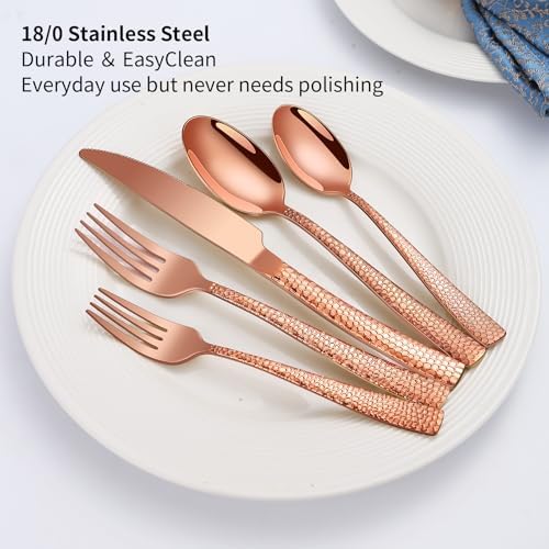 40-Piece Silverware Set, Rose Gold Hammered Stainless Steel Flatware Sets for 8, Food-Grade Tableware Set, Including Fork Knife Spoon Set, Home Kitchen Cutlery Sets, Dishwasher Safe - Image 3
