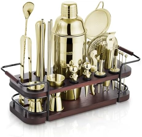 KITESSENSU Cocktail Shaker Set Bartender Kit with Stand | Complete 24-Piece Bar Set Cocktail Kit with All Bar Accessories, Gold by KITESSENSU