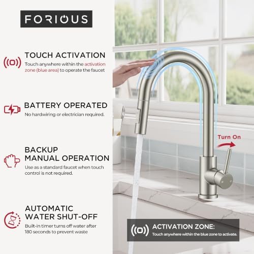 FORIOUS Touch Kitchen Faucet with Pull Down Sprayer, Stainless Steel - Image 4
