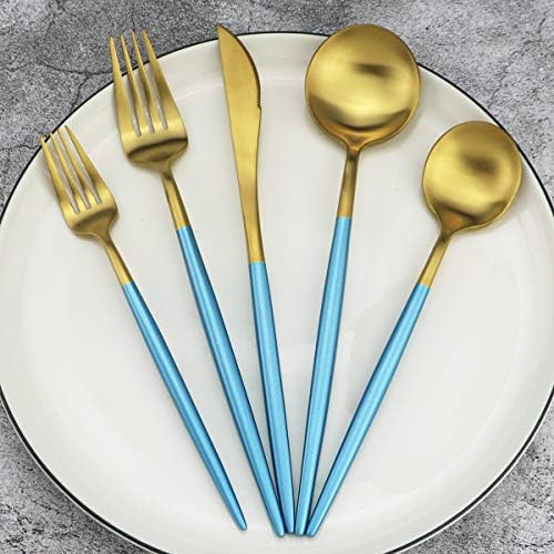 20-Piece 18/10 Stainless Steel Flatware Silverware, Luxury Dinnerware Set Travel Cutlery Tableware Include Knife Fork Spoon Service for 4, Dishwasher Safe (Blue Handle Matte Gold) - Image 2