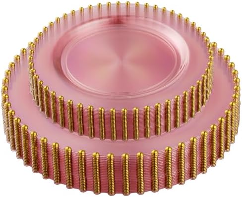 PLASTICPRO 64 Piece Combo Plastic Dinner Plates Disposable Plastic Fancy Heavy Duty Party Dishes 7 inch and 10 inch, Translucent Pink and Gold Beaded - Image 6