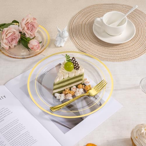 realluck 350PCS Clear Gold Plastic Dinnerware Set for 50 Guests, Disposable Party Plate for Wedding Party, Include: 100 Plastic Plates, 50 Pre Rolled Napkins with Silverware, 50 Cups - Image 5