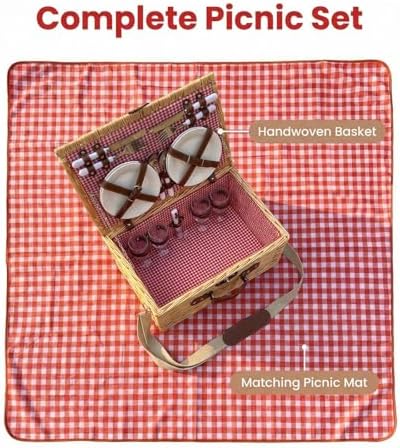 Multifunctional Wicker Picnic Basket Set for 4 Adults with Pink Blankets - Image 6
