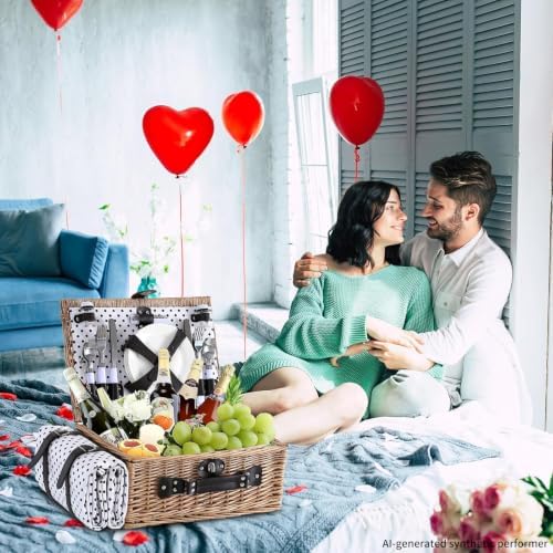 Picnic Basket for 4 with Waterproof Blanket,Black & White Spots - Image 5