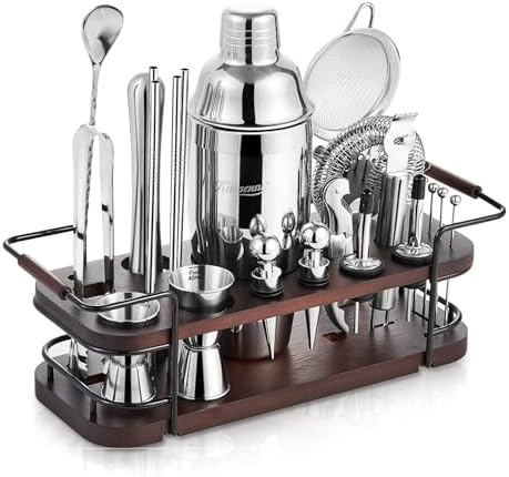 KITESSENSU Cocktail Shaker Set Bartender Kit with Stand | Complete 24-Piece Bar Set Cocktail Kit with All Bar Accessories: Martini Shaker, Jigger, Muddler | Drink Mixer Set for Home Bar Cocktails by KITESSENSU