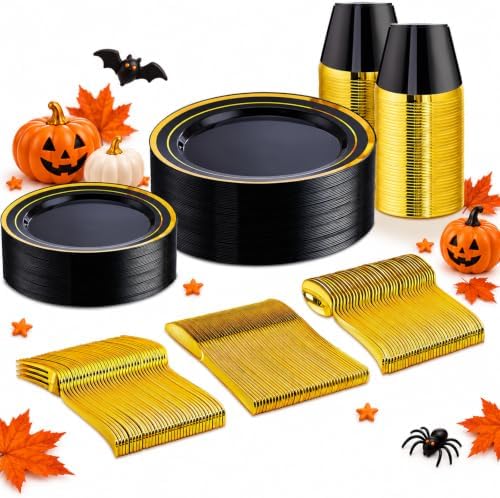 WELLIFE Black and Gold Plates, Plastic Dinnerware Set for 25 Guests by WELLIFE