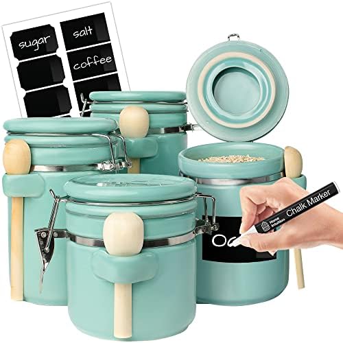 Home Intuition 4-Piece Ceramic Kitchen Canisters Set, Airtight Containers with Wooden Spoons Reusable Chalk Labels and Marker for Sugar, Coffee, Flour, Tea (Turquoise) by HomeIntuition