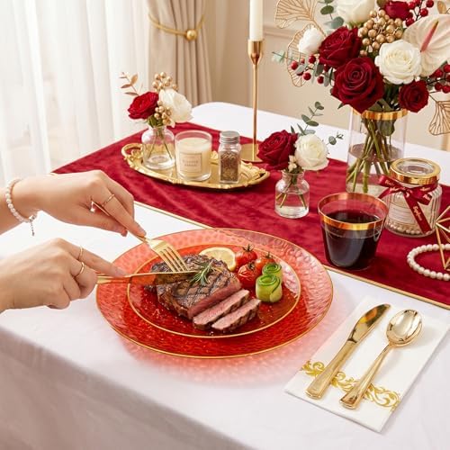 Rubtlamp 350 Pcs Plastic Dinnerware Set (50 Guests), Red And Gold Plastic Plates, Hammered Party Plates Set Include Dinner Plates, Dessert Plates, Cups, Cutlery Set And Napkins for Wedding And Party - Image 3