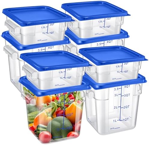 Suclain 8 Pcs Food Storage Container with Lids Set 2qt and 4qt Square Clear Commercial Containers with Scales Handles for Home Restaurant Kitchen Food Storage, Marinating Meat, Proof Dough (Blue) by Suclain