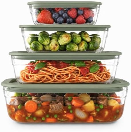 Naked Kitchen 8-Piece Food Storage Containers with Lids – Nesting Borosilicate Glass Meal Prep Containers with Leak-Proof Airtight Seal – BPA Free, Microwave, Oven, Freezer & Dishwasher Safe – Green by NakedKitchen