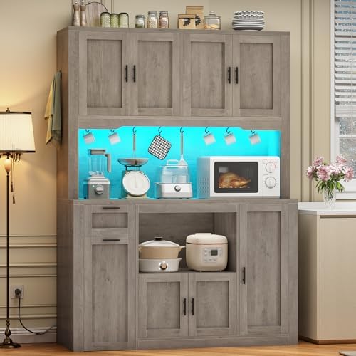Itaar 71" Pantry Cabinet with Charging Station and LED Light, Kitchen Pantry Cabinet with Microwave Stand, 47.2" Wide Kitchen Storage Cabinets with Storage Cart 3 Tier for Dining Room, Grey - Image 3