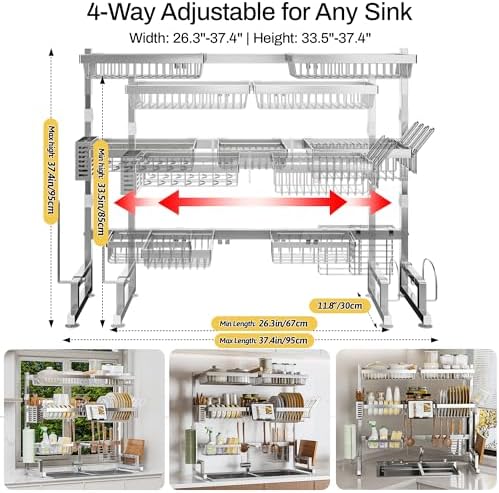 ADBIU Luxurious 304 Stainless Steel Over Sink Dish Drying Rack (Suitable for Sink Length 26.3"- 37.4") Snap-On Design 2 Tier Large Kitchen Dish Rack Stainless Steel Counter Organization and Storage - Image 2