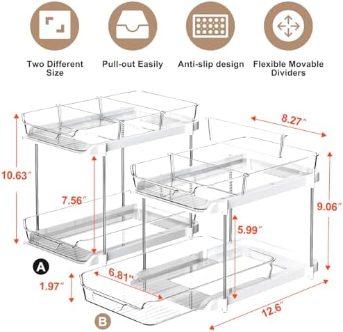 Delamu 2-Tier Multi-Purpose Bathroom Under Sink Organizers and Storage, Stackable Kitchen Pantry Organization, Pull Out Medicine Cabinet Organizer with Movable Dividers, White, 2 Pack - Image 2
