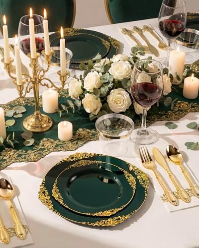 Morejoy 350 PCS Green Plastic Plates,Green Gold Plastic Dinnerware Sets - Image 5