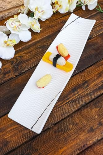 Ebros Gift Modern Yukino Hana Snow Flowers Ceramic Dinnerware Serveware Kitchenware Set Oriental Asian Restaurant Supply (Large 16.5" Elongated Rectangular Wavy Serving Platter) by EbrosGift