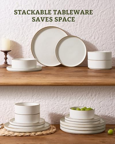 Famiware Nebula 12-Piece Dinnerware Set, Matte Beige White with Brown Rim - Image 6